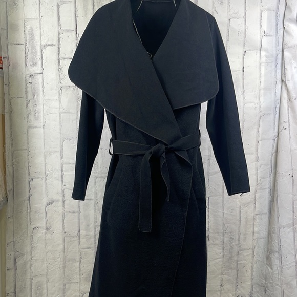 Made in France Black Felt Trench Coat Wide Collar Open Front Belted with Pockets - Picture 3 of 12